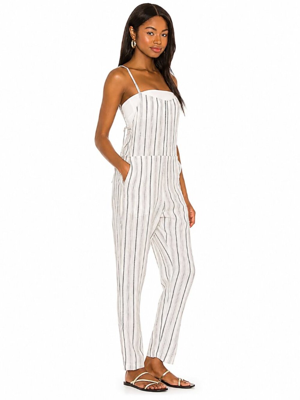 l*space White and Black Striped Linen Jumpsuit